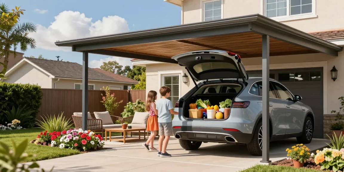 Moderne Carport-Szene mit einem Fahrzeug und Familie, die Einkäufe aus dem Kofferraum ausladen.
