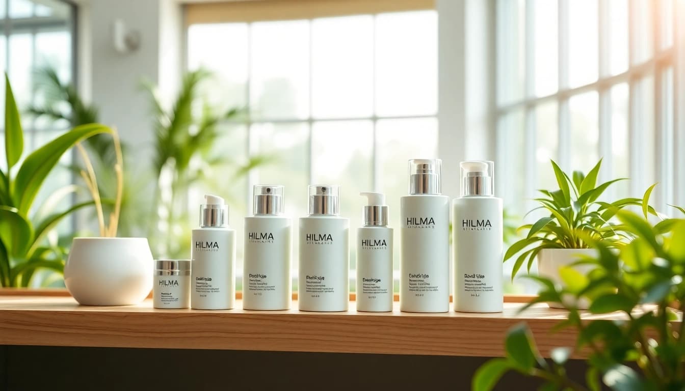 hilma biocare Produkte in einem modernen Wellness-Spa-Umfeld präsentieren.