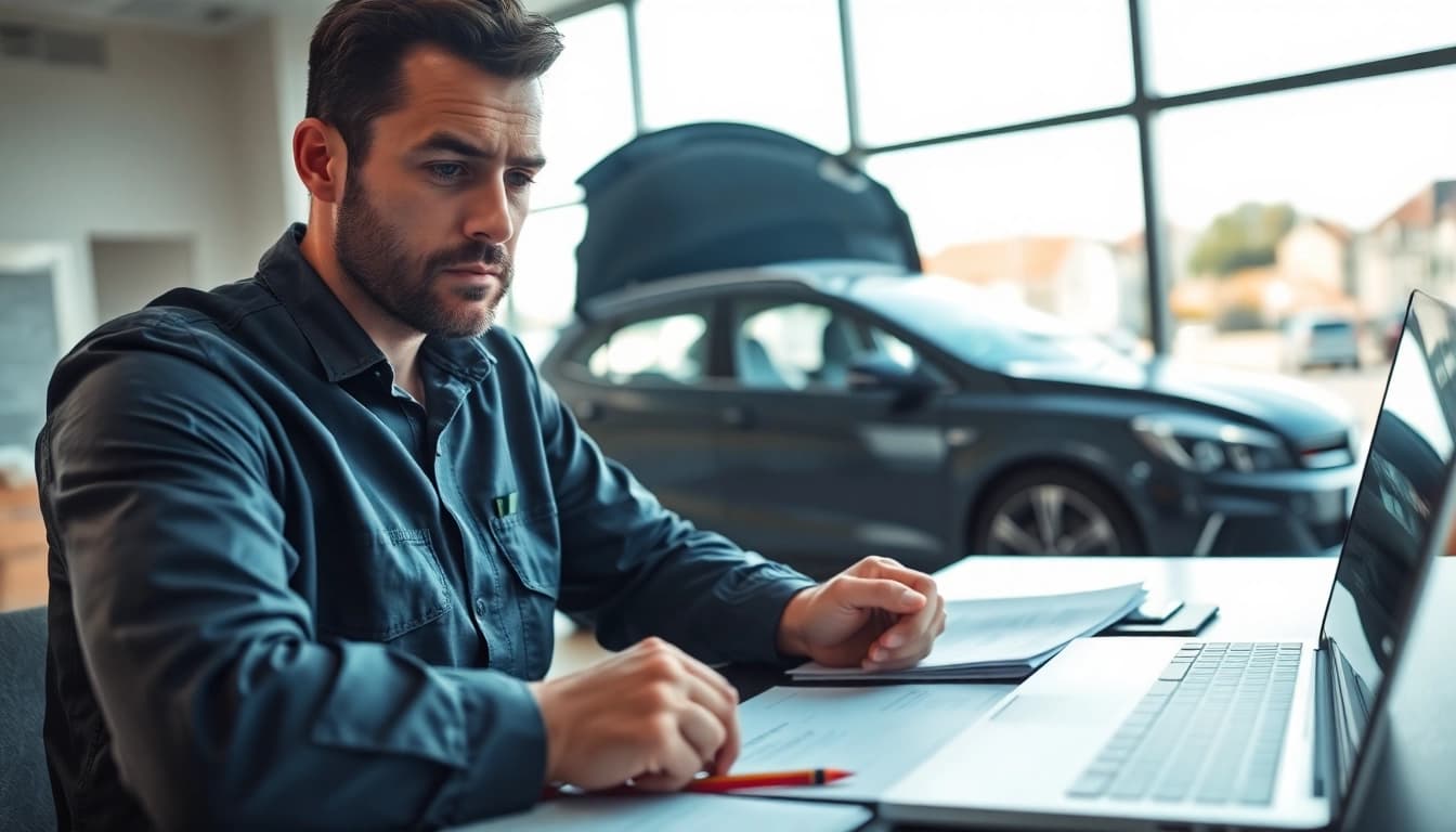 Kfz Gutachter Augsburg bei der Analyse von Fahrzeugschäden in einem modernen Büro.