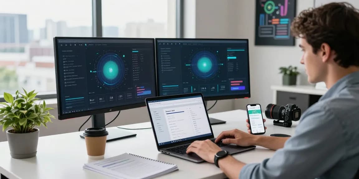 Smart DNS Anbieter setup featuring laptops and monitors in a modern tech workspace