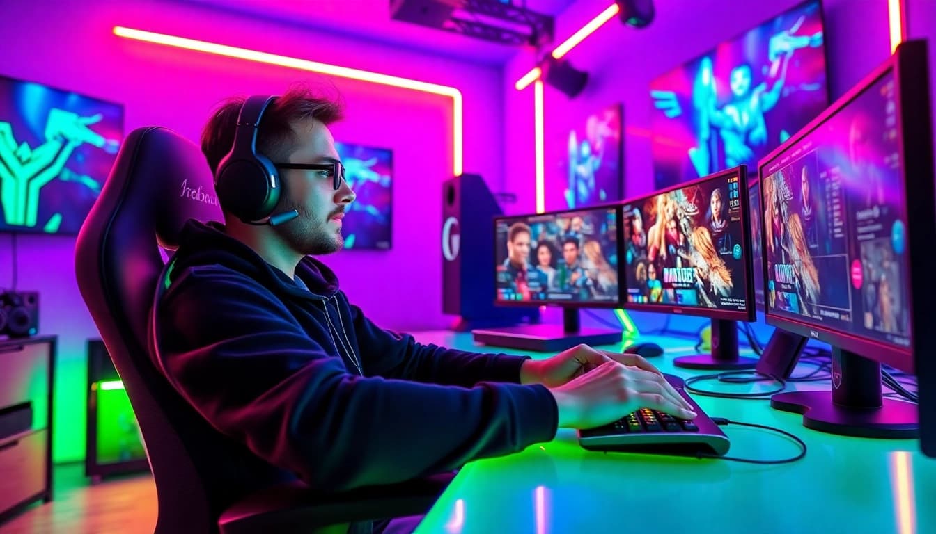 Twitch Streamer Österreich engagiert in einem aufregenden Live-Streaming-Setup mit LED-Beleuchtung.
