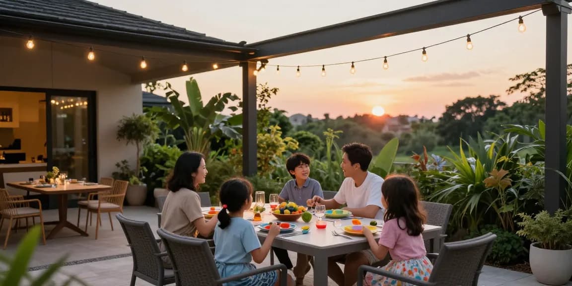 Freistehende Terrassenüberdachung über einem stilvollen Essbereich im Freien mit Familie und Garten.