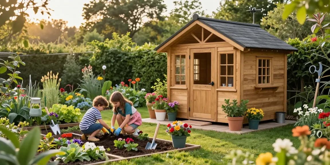 Ein wunderschönes Gartenhaus Holz umgeben von blühenden Pflanzen und Gartenwerkzeugen, das eine einladende Atmosphäre schafft.