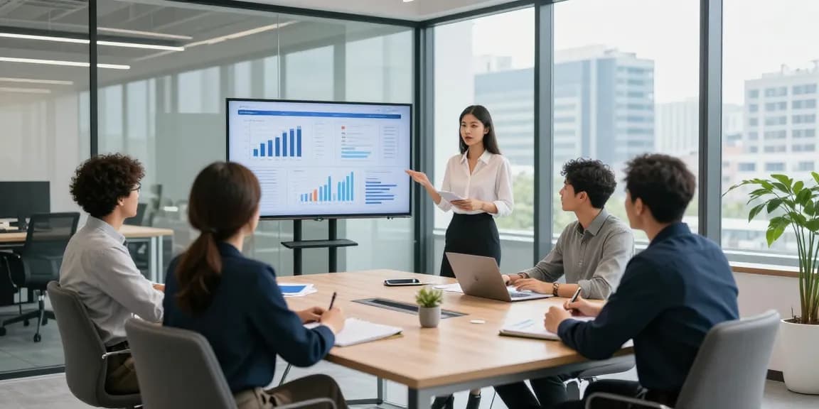In einem modernen Büroraum wird Führung anonym bewertet, während ein Team an einem Meeting teilnimmt und Daten analysiert.