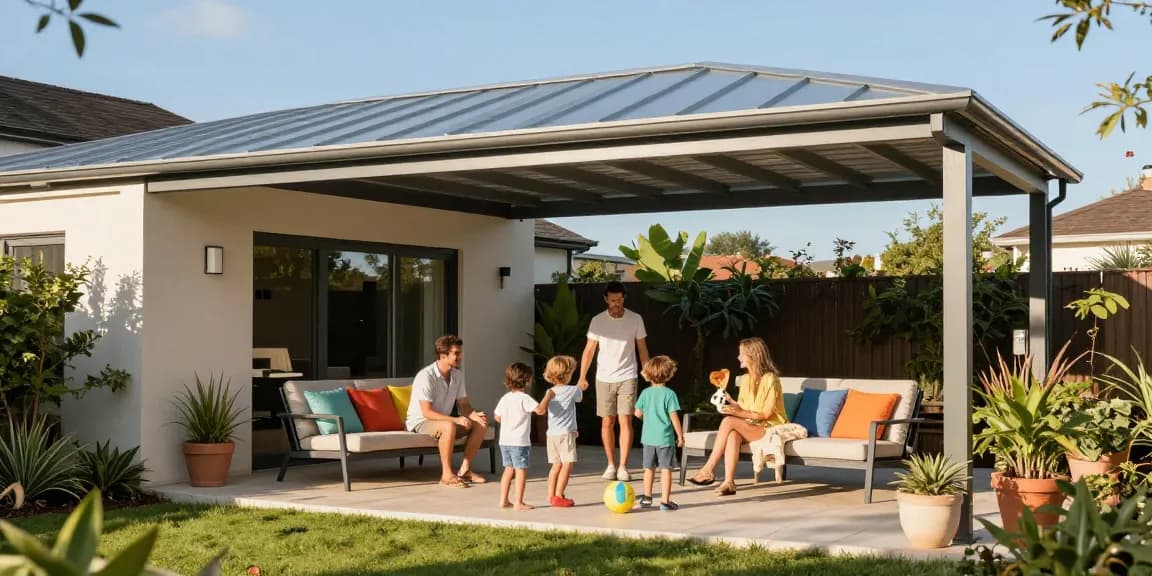 Moderne Terrassenüberdachung aus Aluminium in einem Garten mit Familie, die einen sonnigen Nachmittag genießt.
